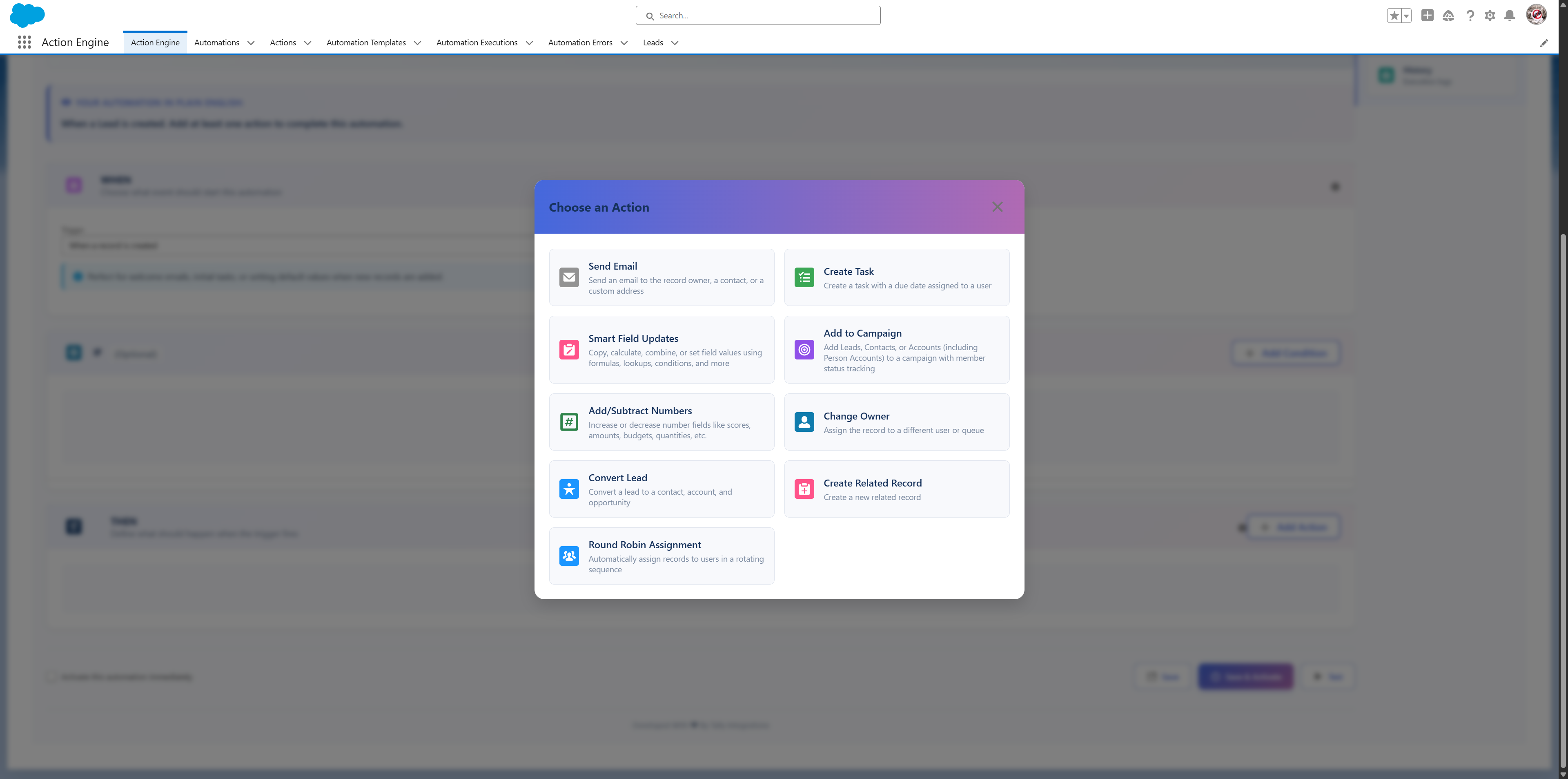 Action Engine Salesforce automation interface showing drag-and-drop workflow builder with WHEN, IF, THEN logic