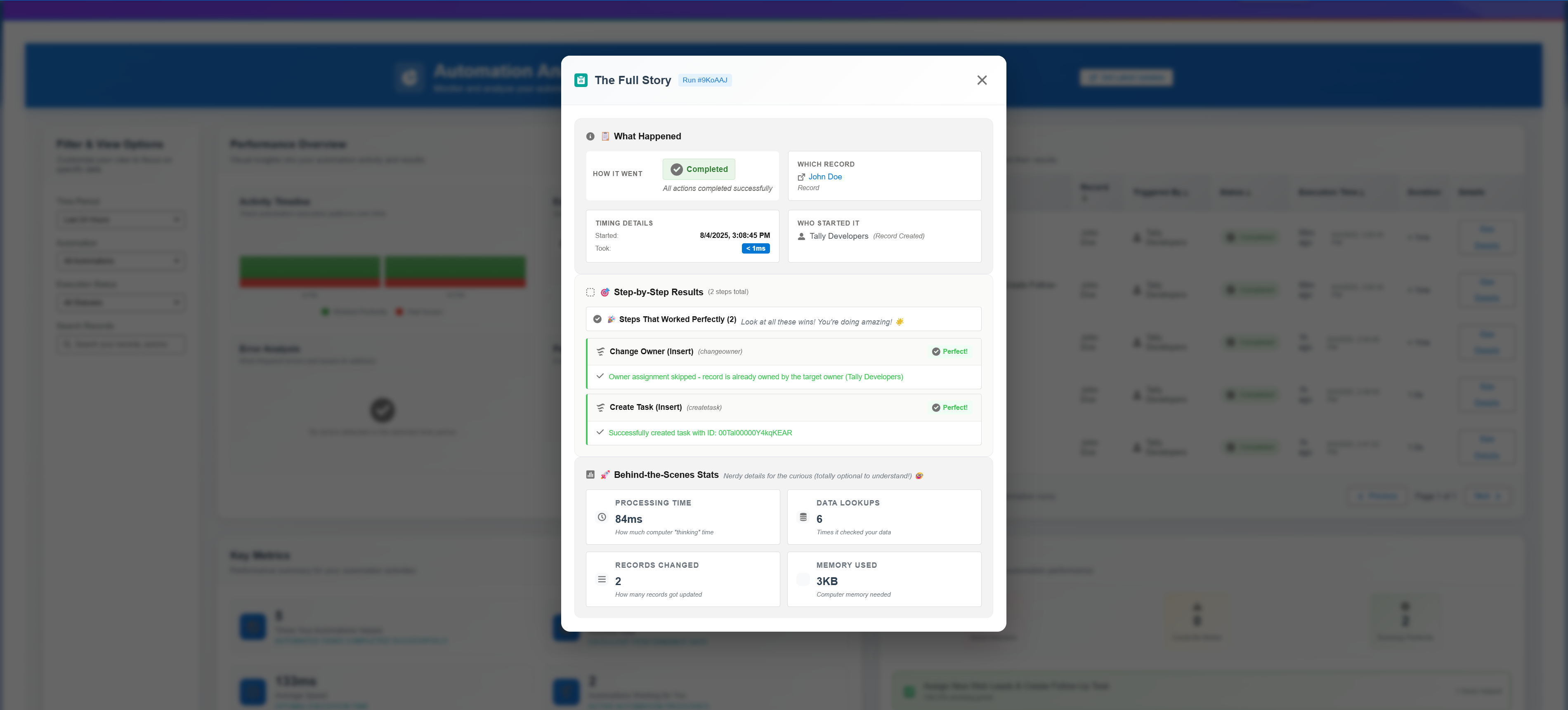 Action Engine Analytics Dashboard showing detailed automation performance metrics, execution logs, and comprehensive insights