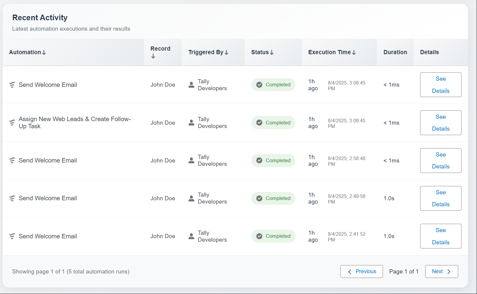 Action Engine Recent Activity - Real-time Execution Feed
