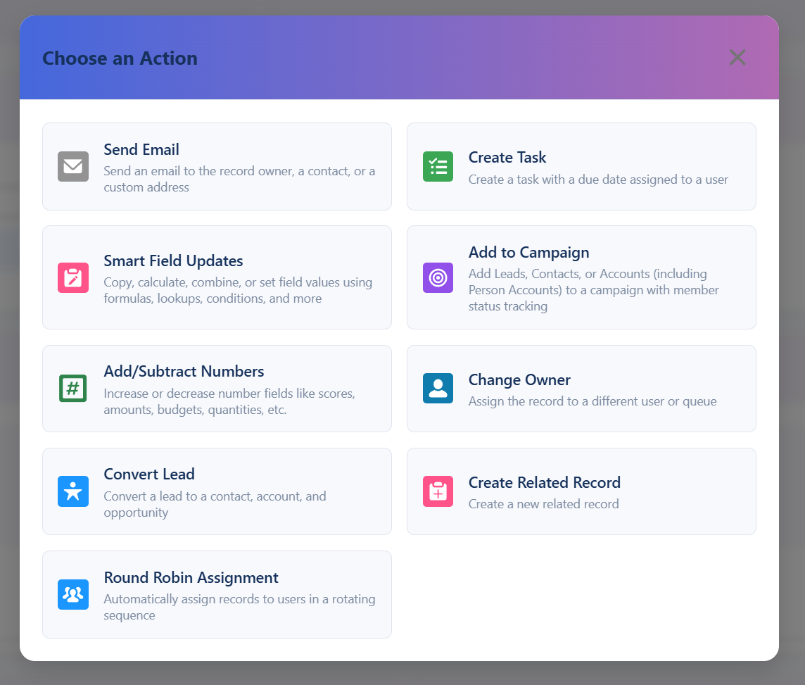 Choose an Action modal showing grid of available automation actions with colorful icons