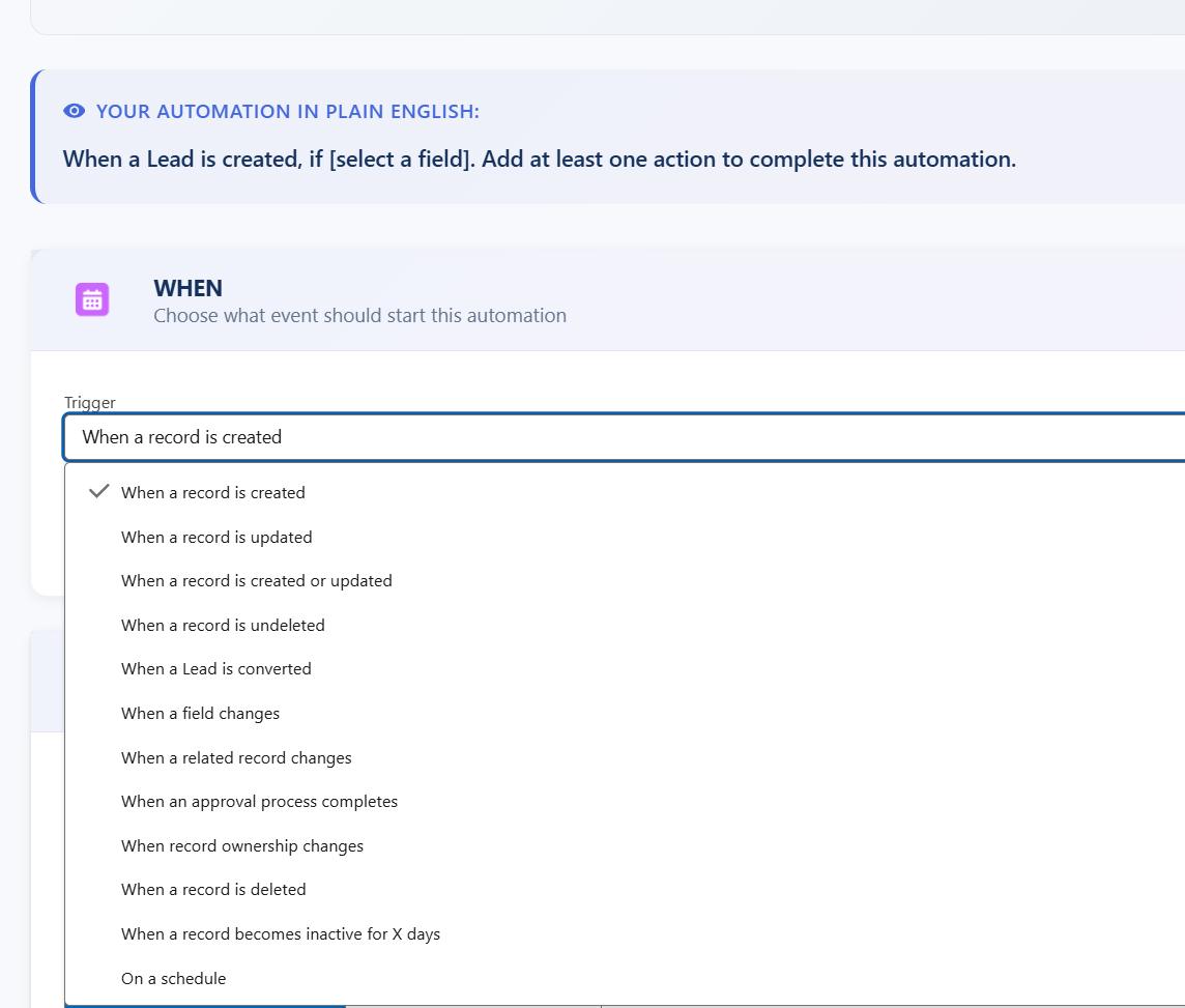 WHEN trigger interface showing automation builder with plain English description and dropdown options for triggers